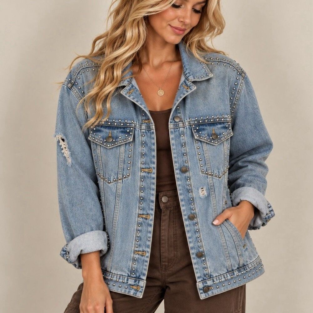 Free People Studded Denim Trucker Jacket XS Distressed Oversized Light Wash